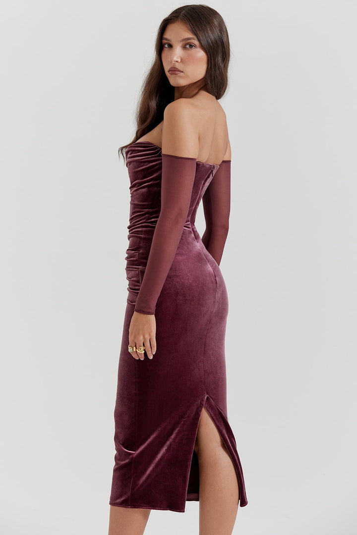 Cleora Velvet Off-Shoulder Midi Elbise