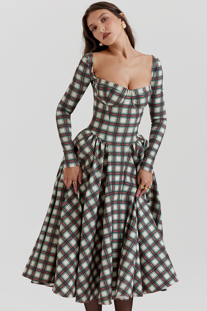 Elora Plaid Corset Midi Elbise