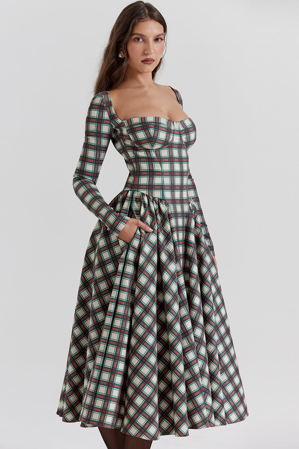 Elora Plaid Corset Midi Elbise