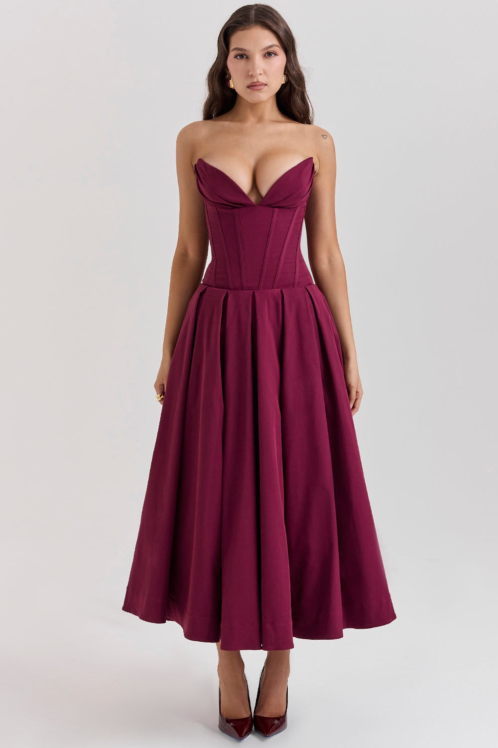 Burgundy Grace Corset Midi Elbise