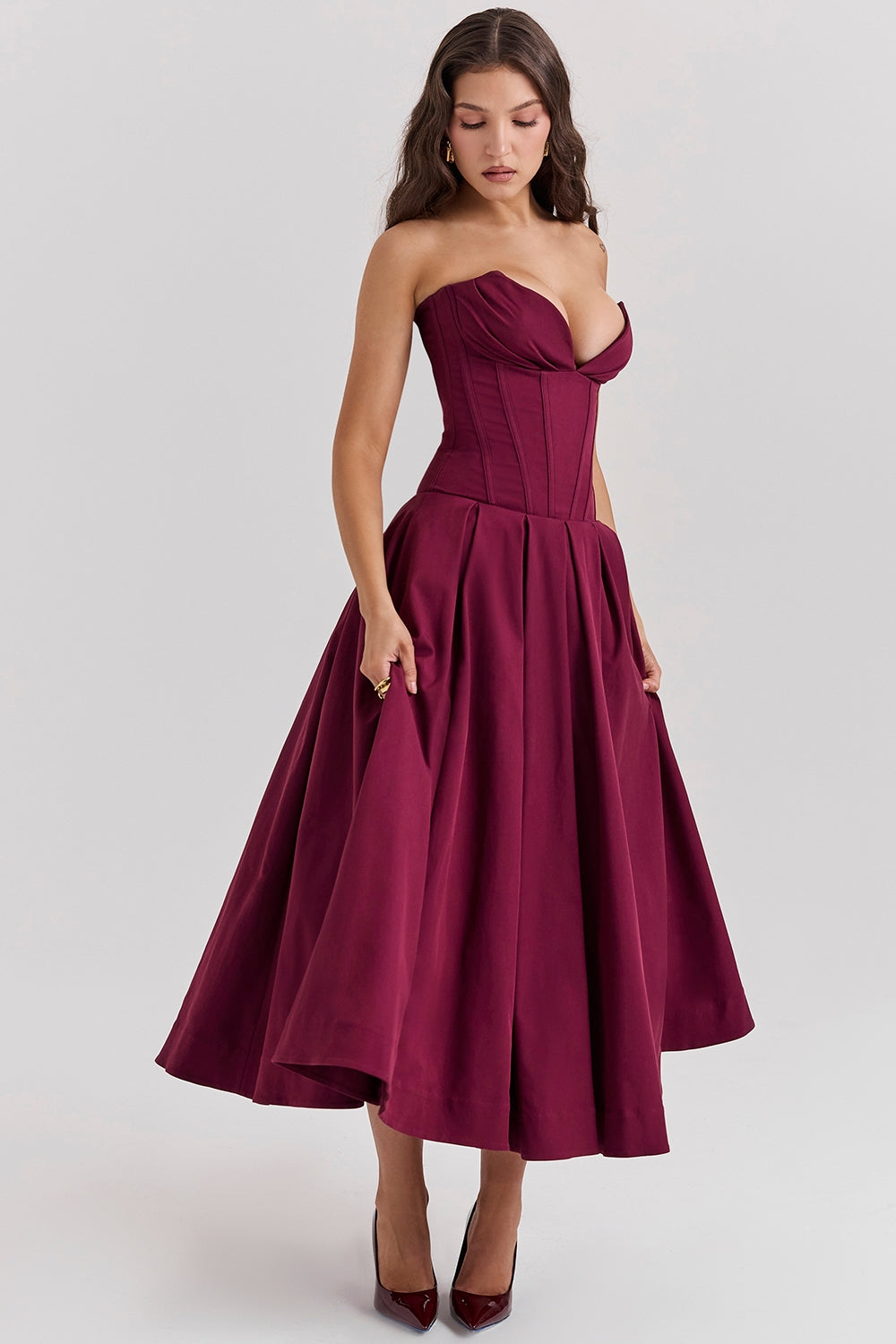 Burgundy Grace Corset Midi Elbise