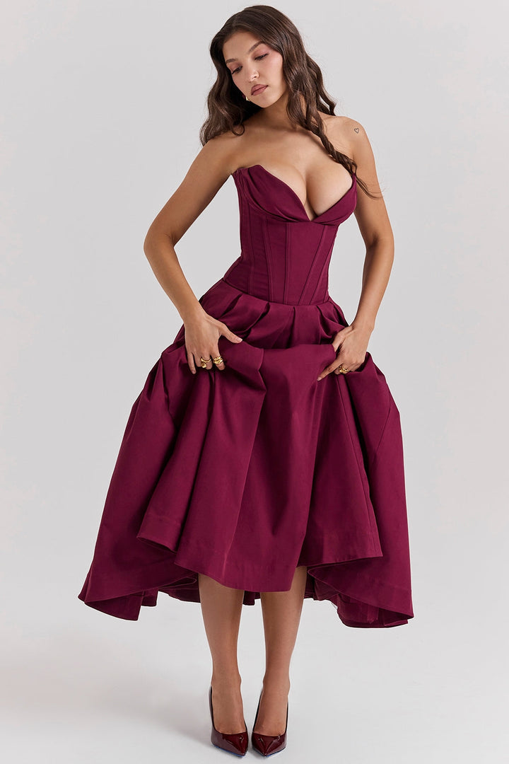 Burgundy Grace Corset Midi Elbise