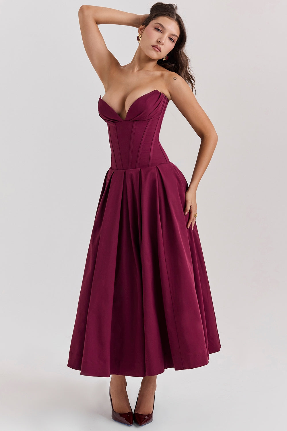 Burgundy Grace Corset Midi Elbise