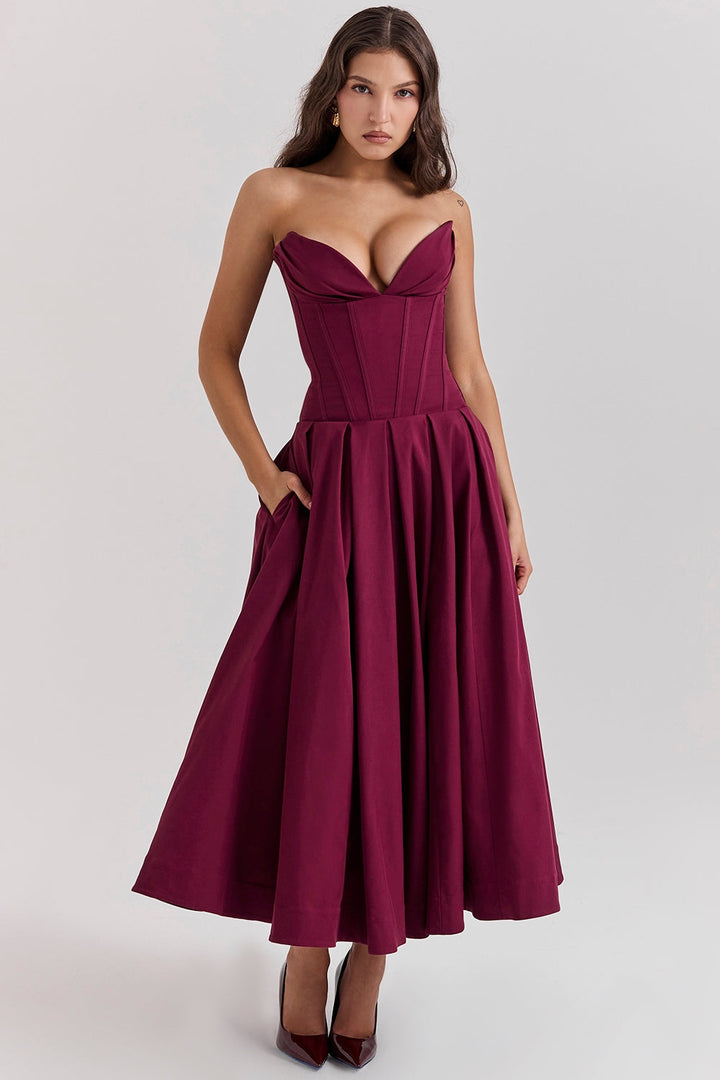 Burgundy Grace Corset Midi Elbise