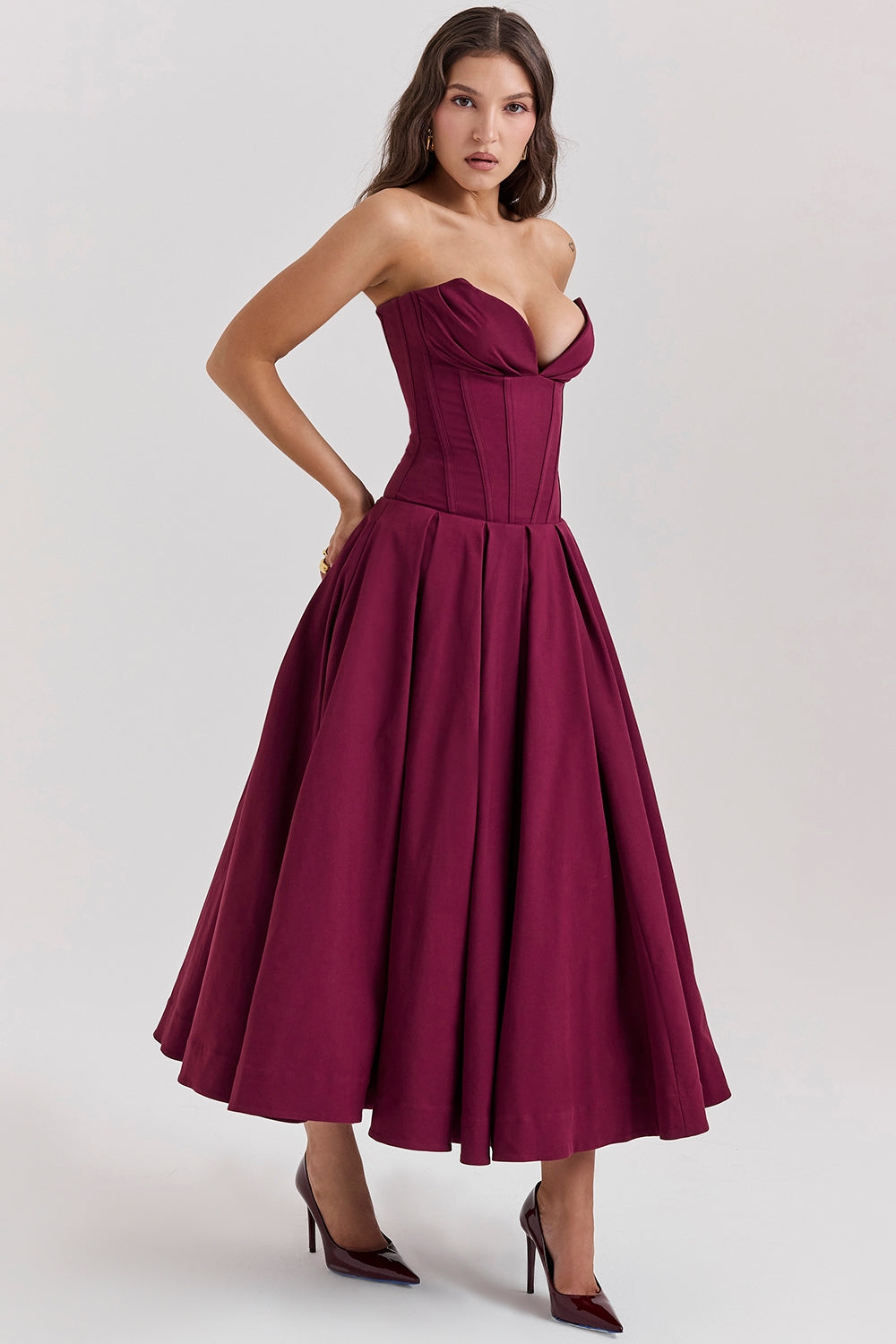 Burgundy Grace Corset Midi Elbise