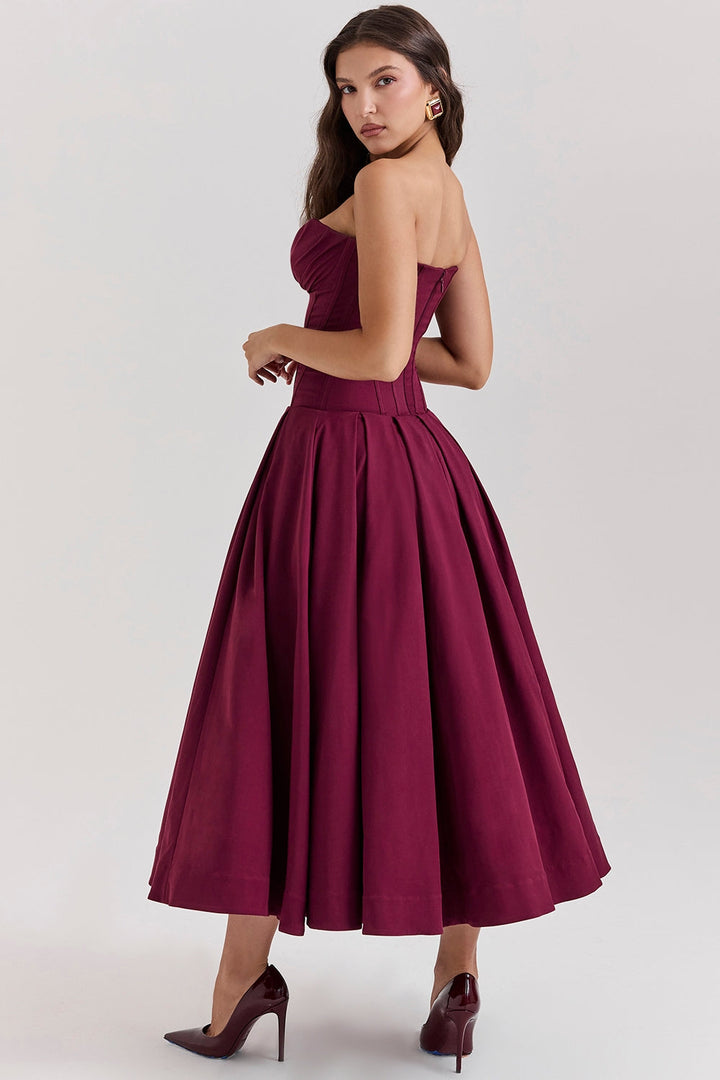 Burgundy Grace Corset Midi Elbise