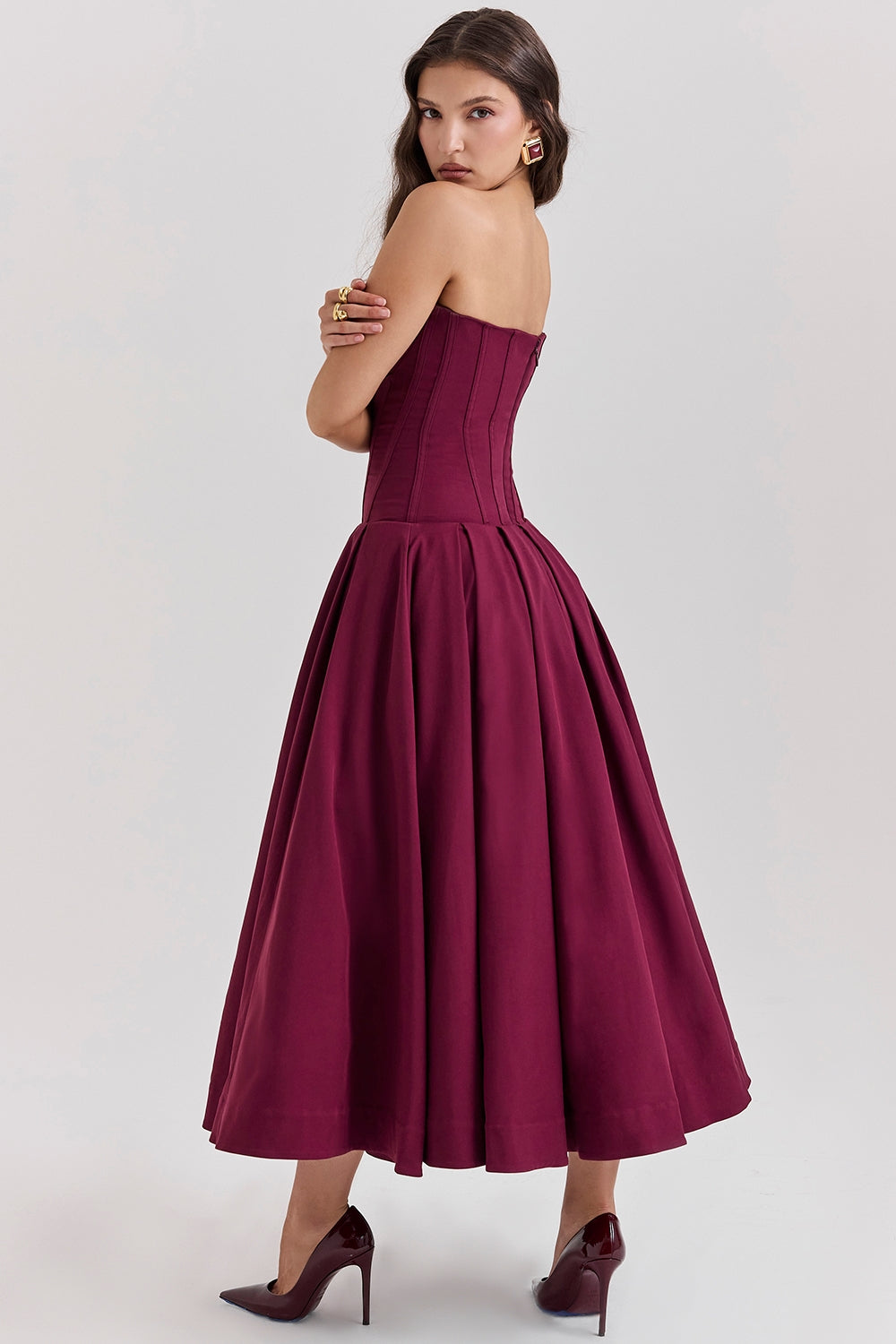 Burgundy Grace Corset Midi Elbise