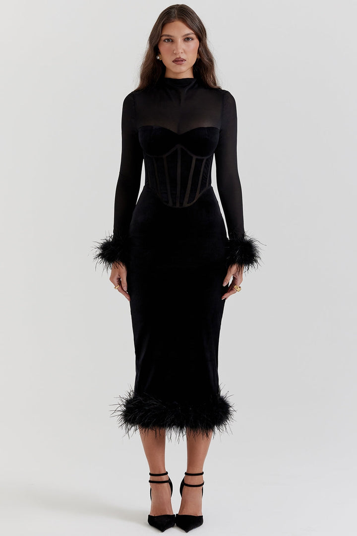 Elowen Feathered Corset Midi Elbise