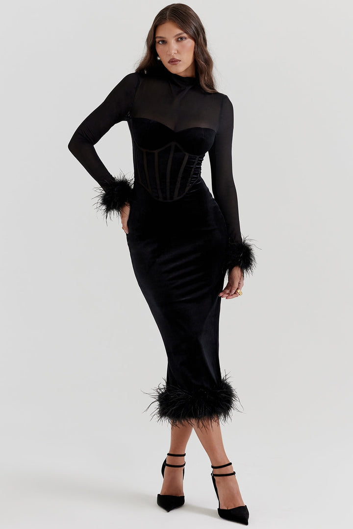 Elowen Feathered Corset Midi Elbise