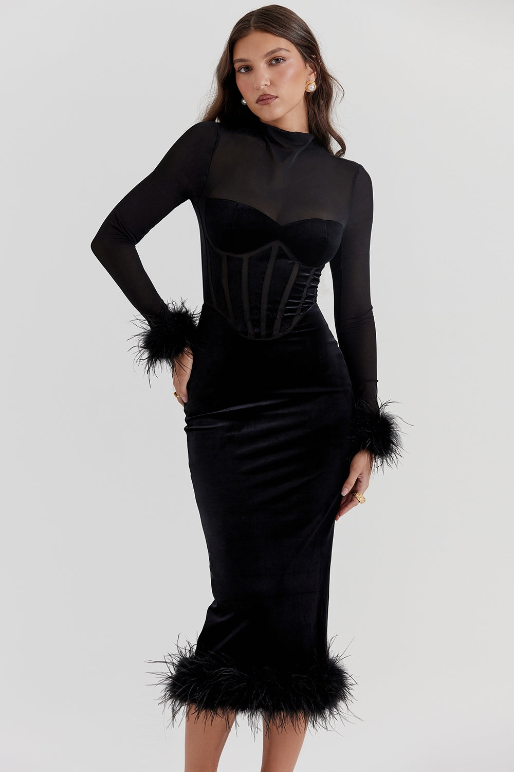 Elowen Feathered Corset Midi Elbise