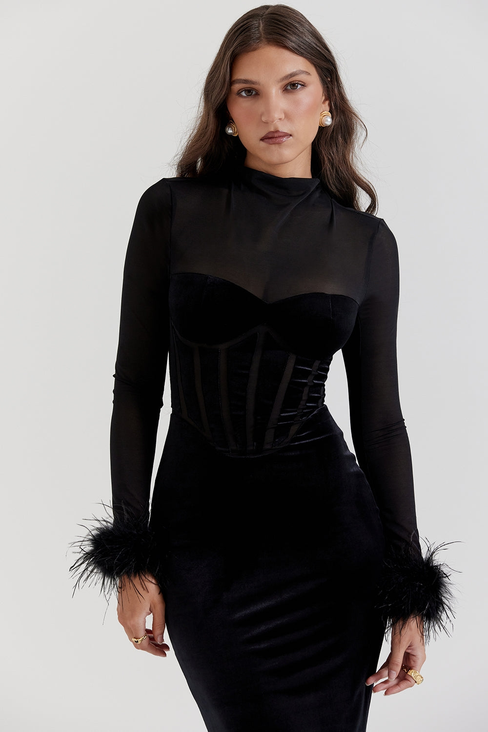 Elowen Feathered Corset Midi Elbise