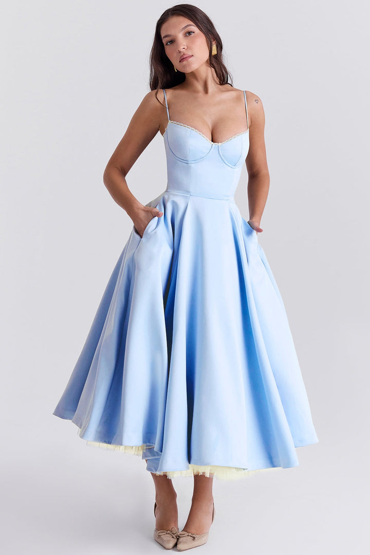 Celeste Sky Blue Graceful Gown Midi Elbise