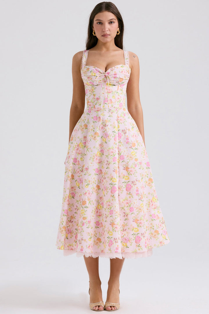 Floral Corset Midi Elbise