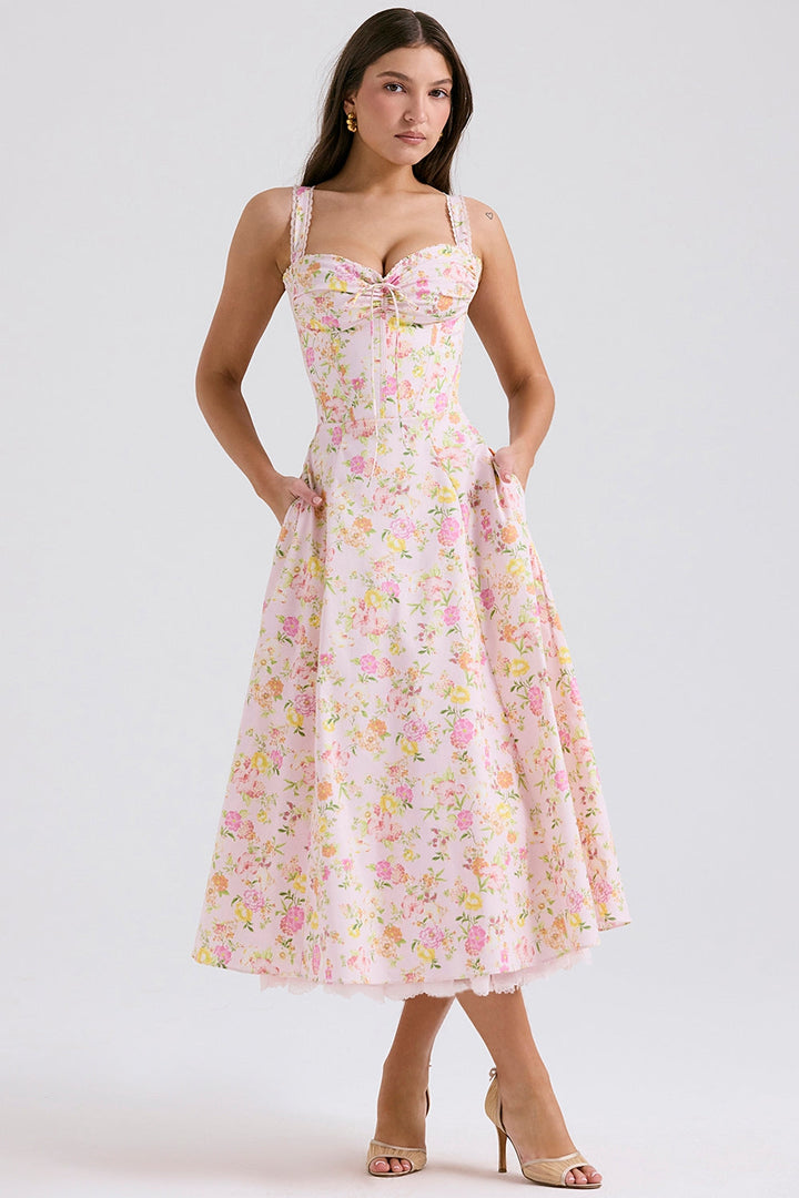 Floral Corset Midi Elbise