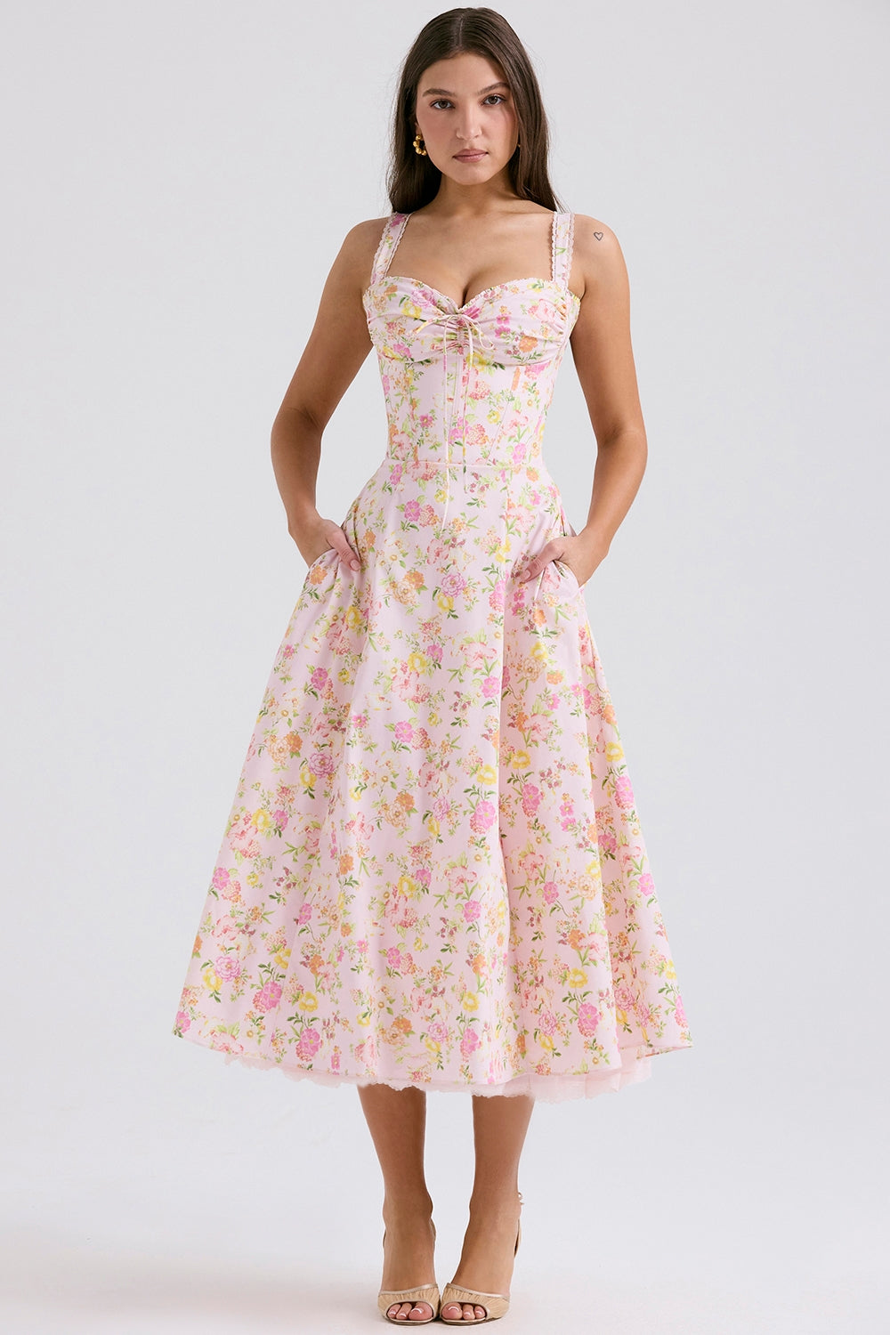 Floral Corset Midi Elbise