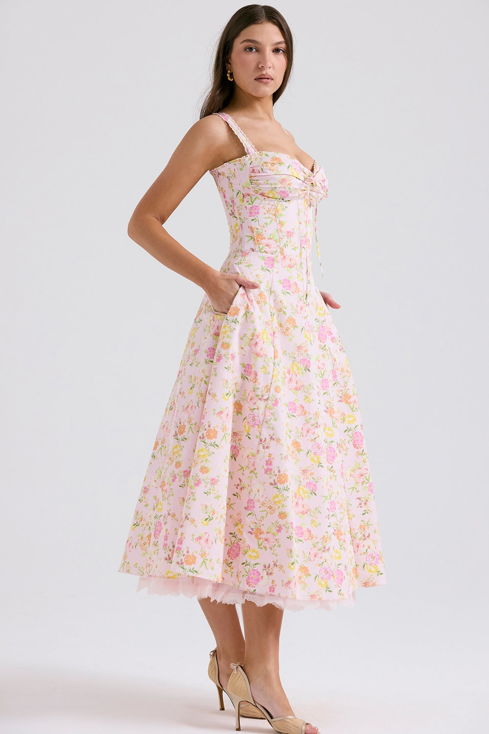 Floral Corset Midi Elbise