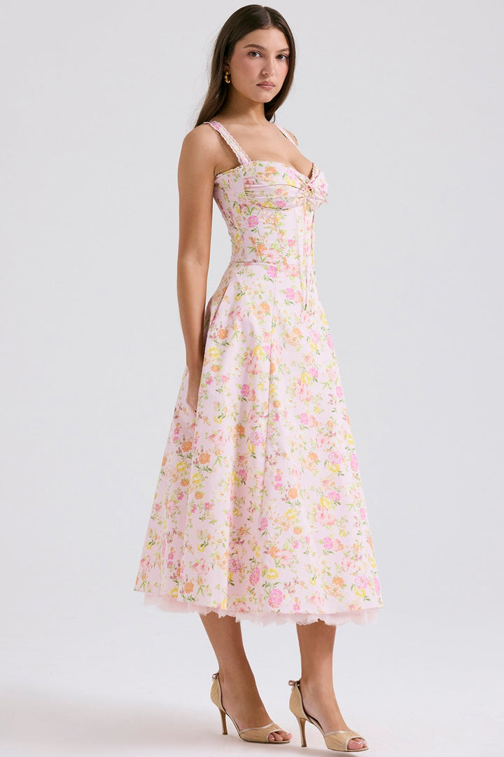 Floral Corset Midi Elbise