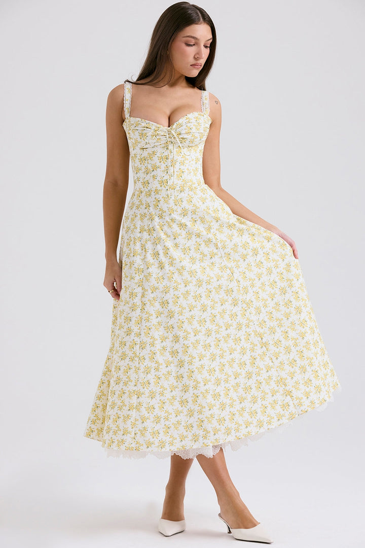 Camille Yellow Blossom Midi Elbise