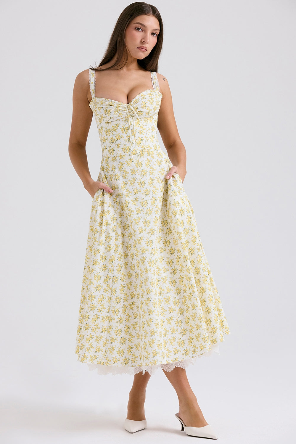 Camille Yellow Blossom Midi Elbise