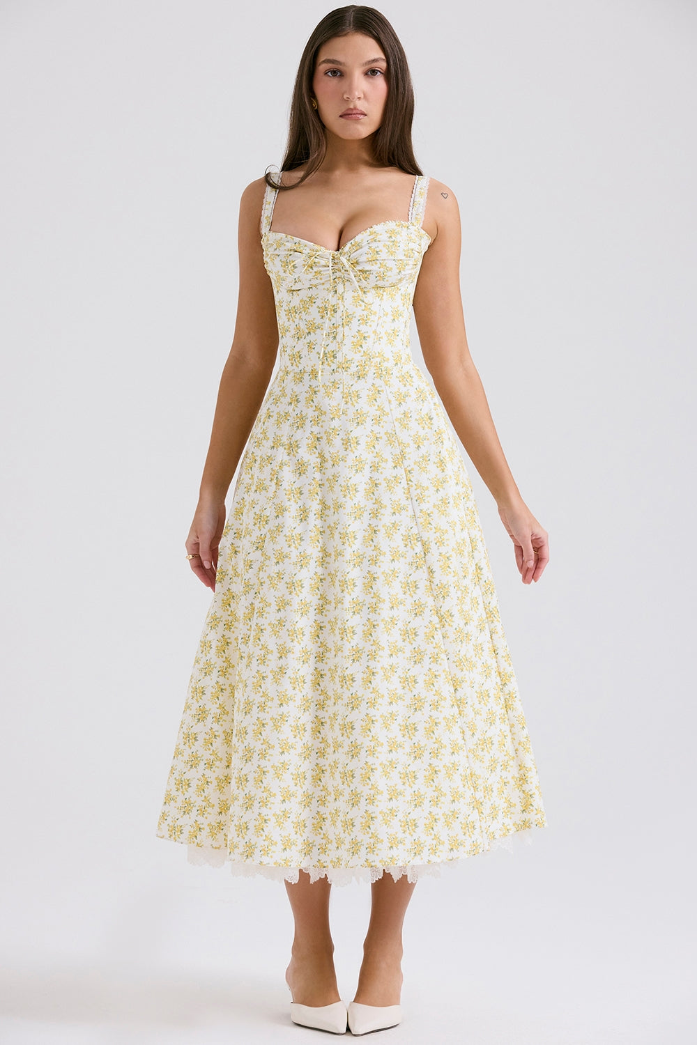 Camille Yellow Blossom Midi Elbise