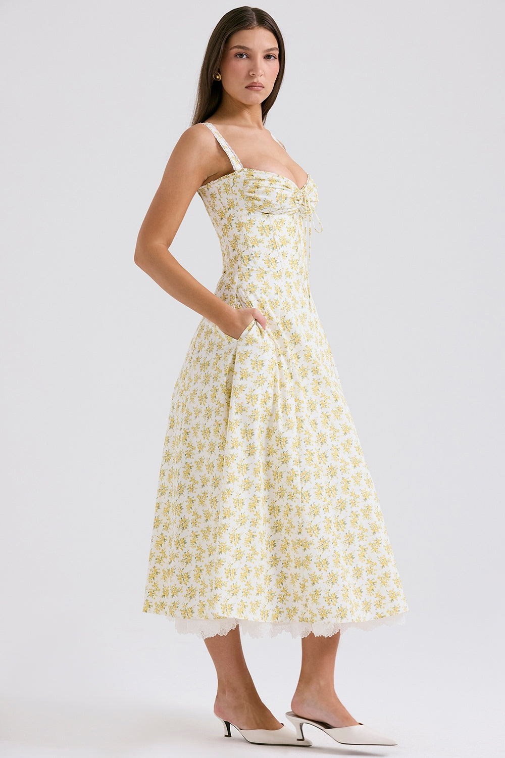 Camille Yellow Blossom Midi Elbise