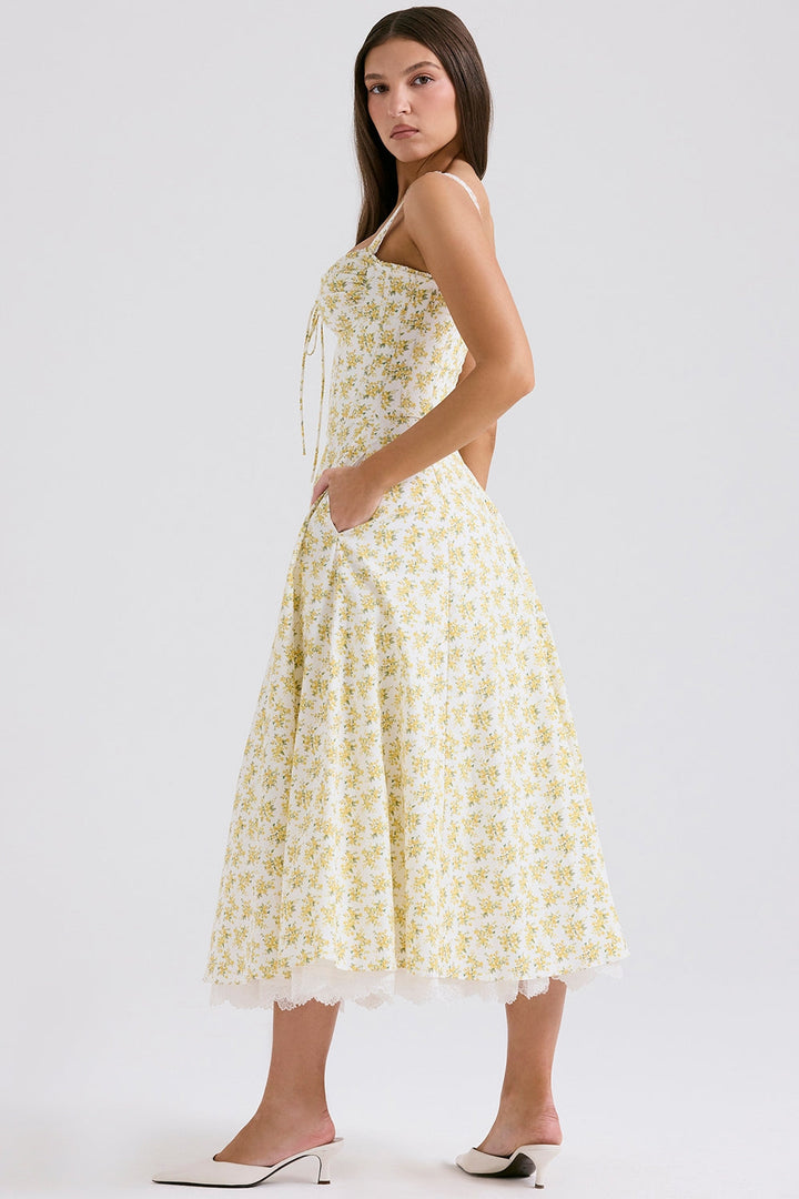 Camille Yellow Blossom Midi Elbise