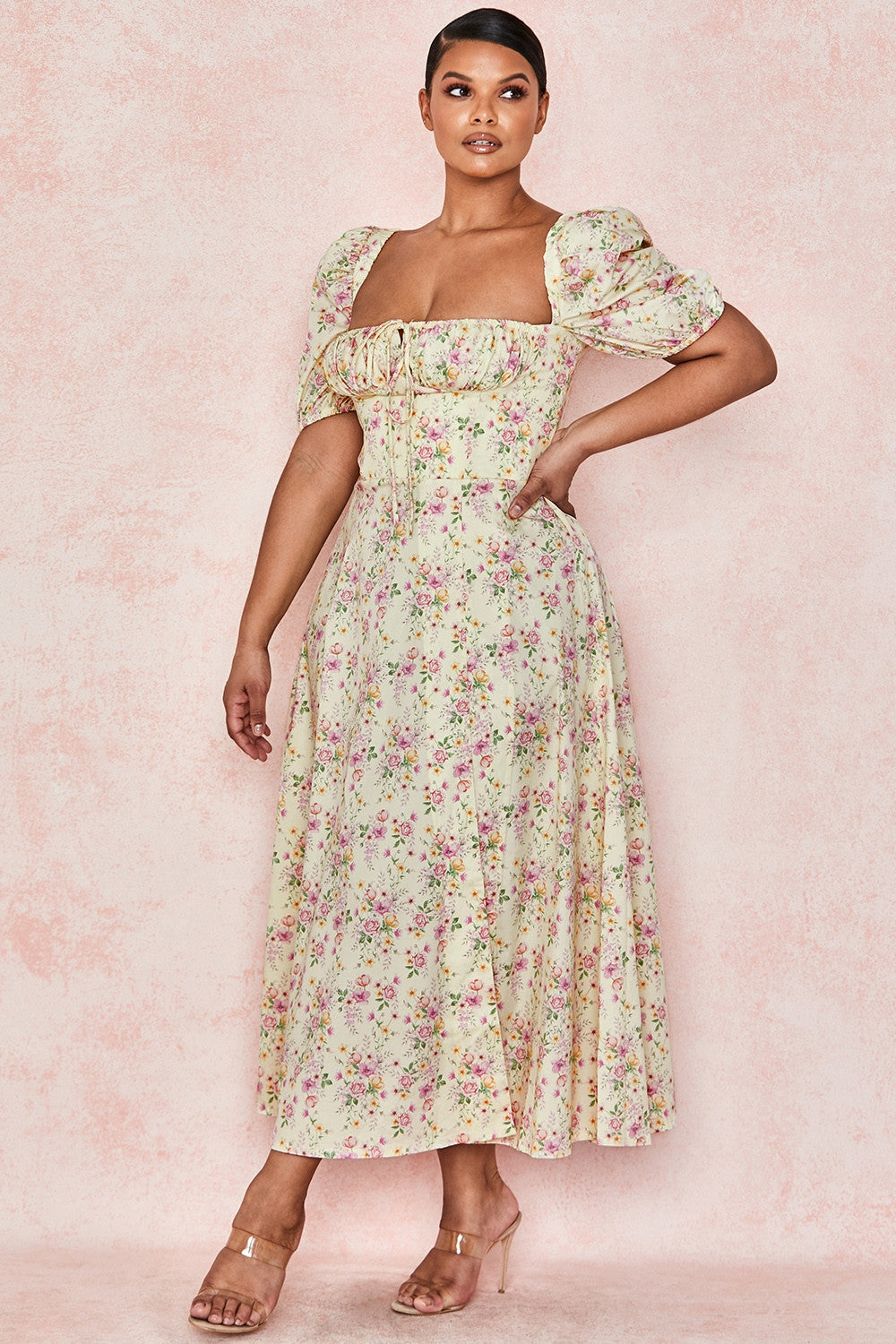 Floral Dream Puff Sleeve Midi Elbise