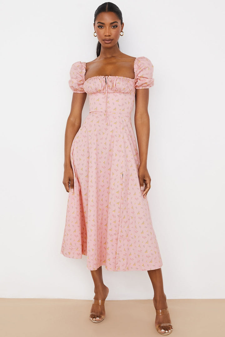 Blush Petal Puff Sleeve Midi Elbise