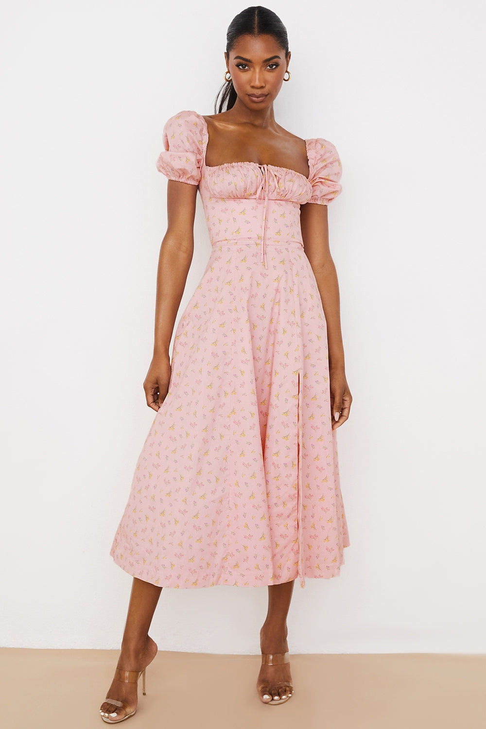 Blush Petal Puff Sleeve Midi Elbise