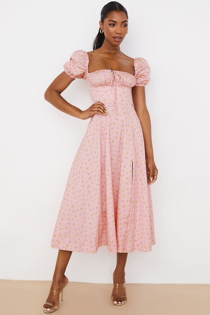 Blush Petal Puff Sleeve Midi Elbise