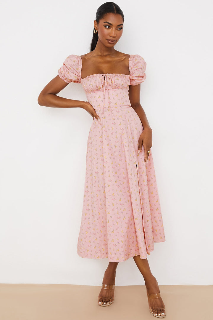 Blush Petal Puff Sleeve Midi Elbise