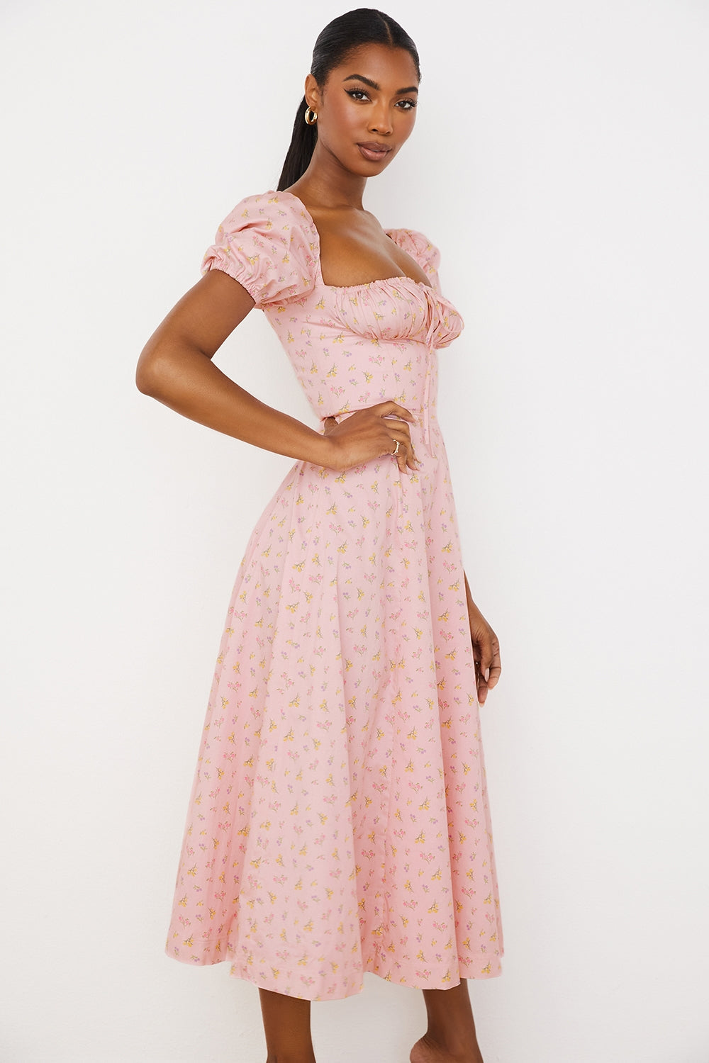 Blush Petal Puff Sleeve Midi Elbise