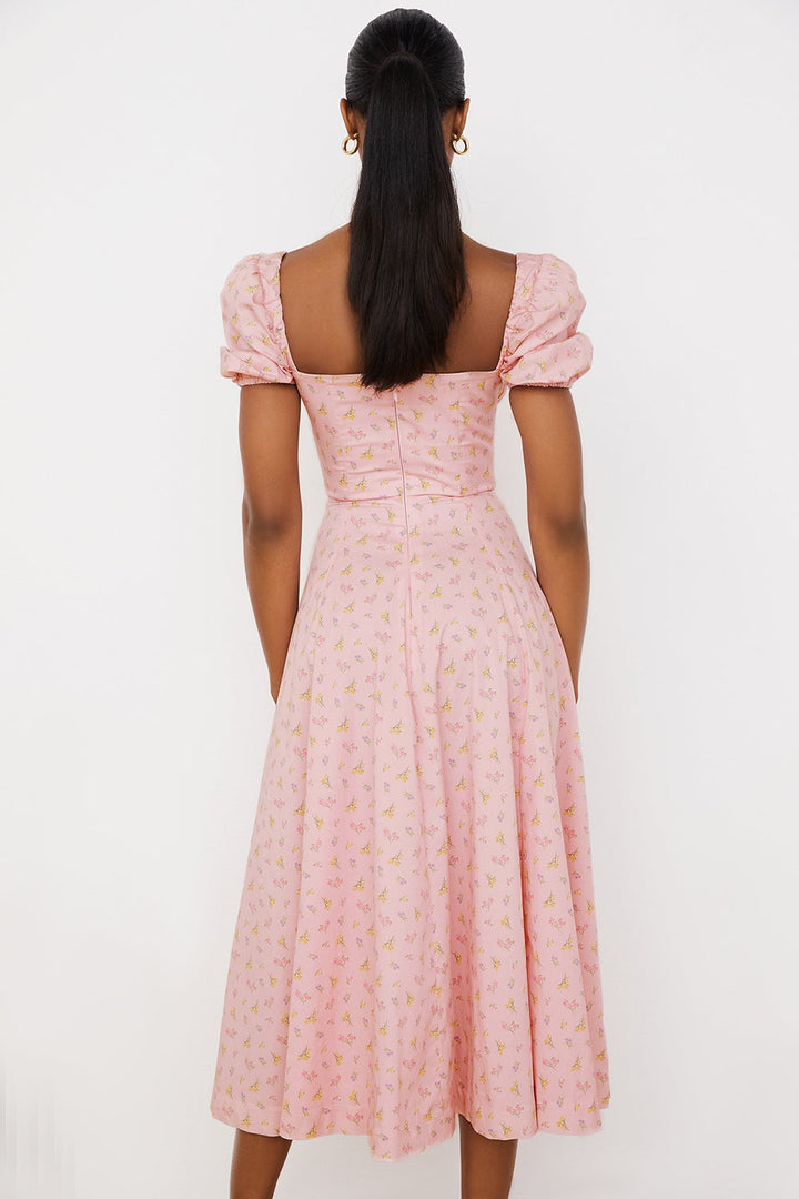 Blush Petal Puff Sleeve Midi Elbise