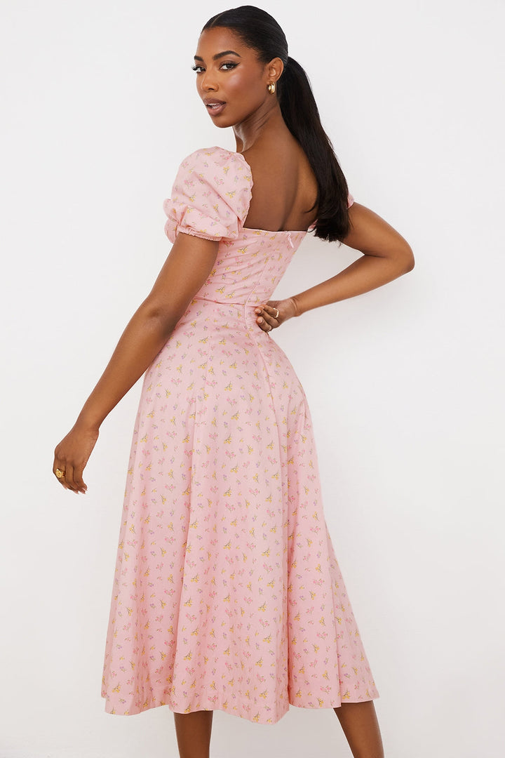 Blush Petal Puff Sleeve Midi Elbise