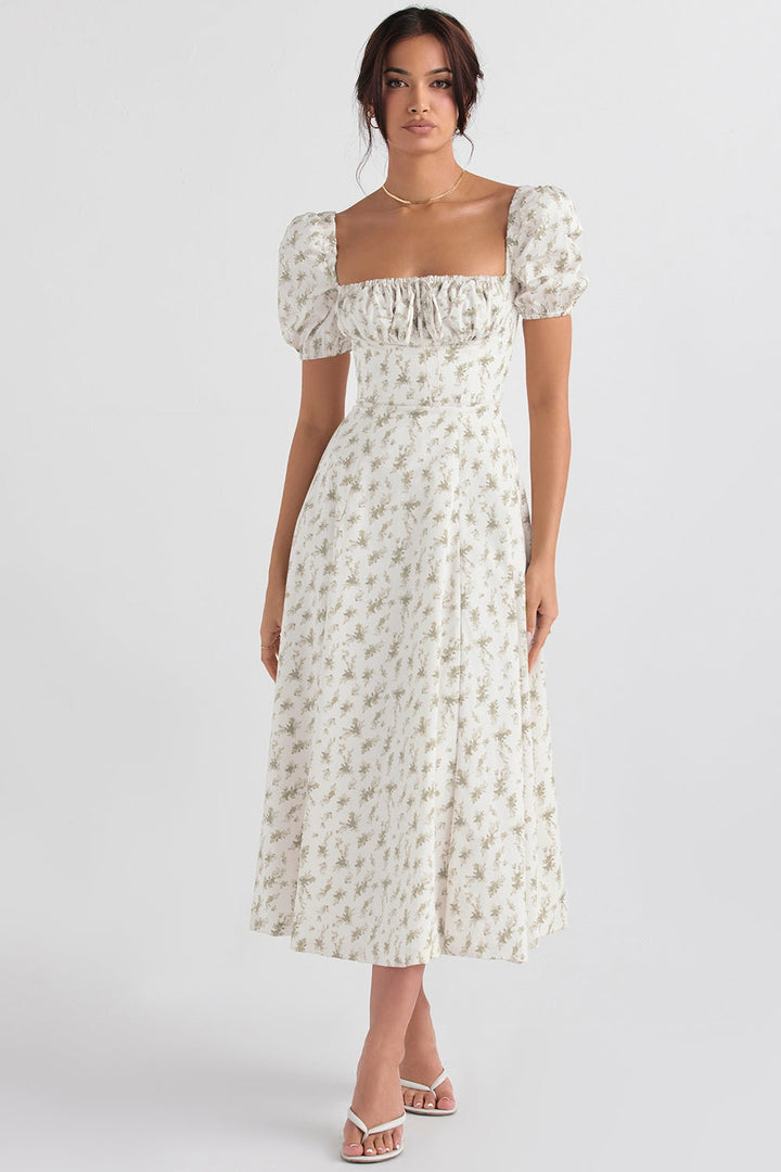 Floral Haven Puff Sleeve Midi Elbise