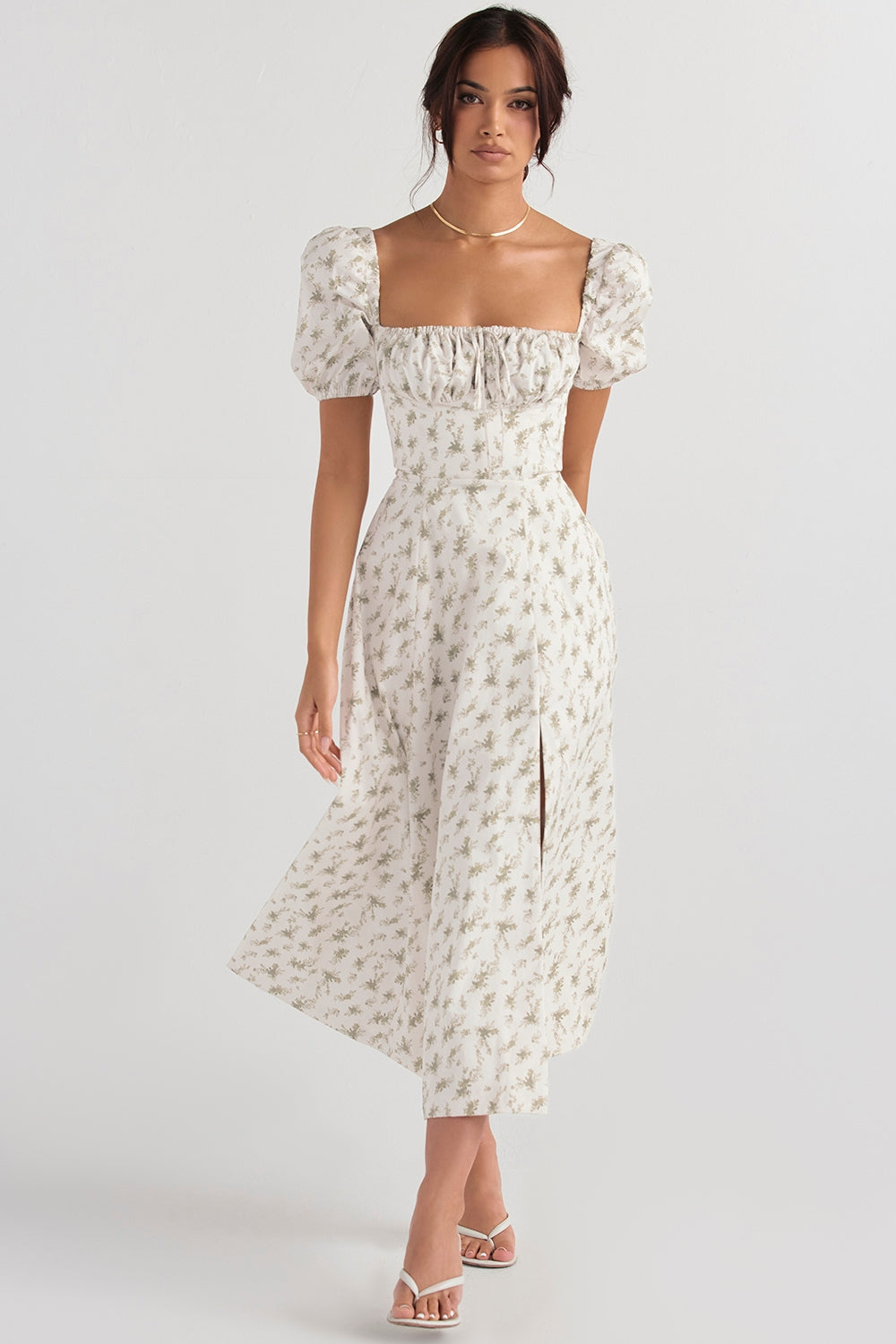 Floral Haven Puff Sleeve Midi Elbise