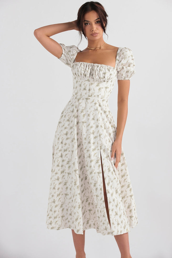 Floral Haven Puff Sleeve Midi Elbise