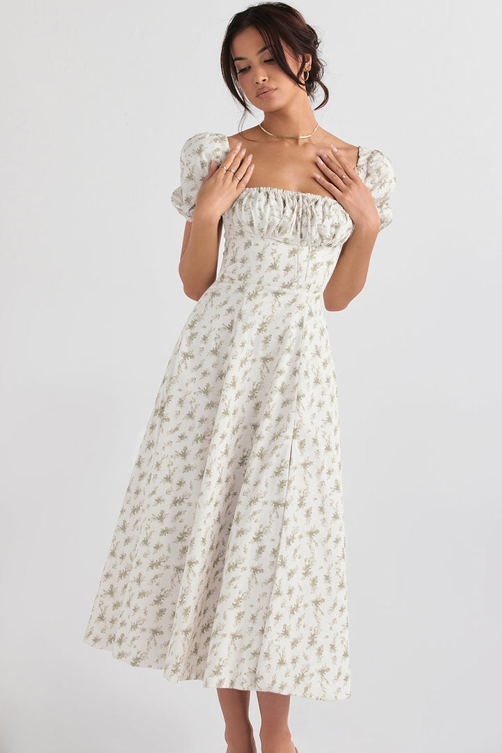 Floral Haven Puff Sleeve Midi Elbise