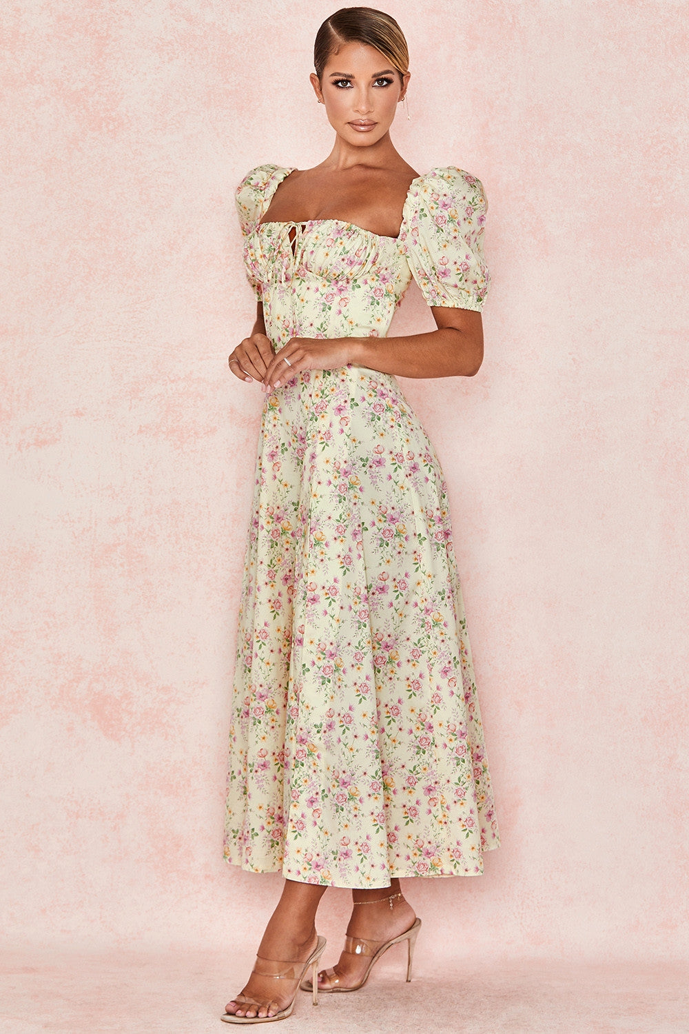 Floral Dream Puff Sleeve Midi Elbise