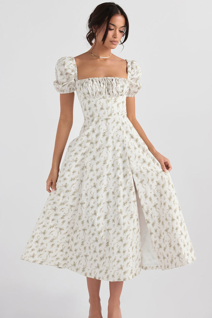 Floral Haven Puff Sleeve Midi Elbise