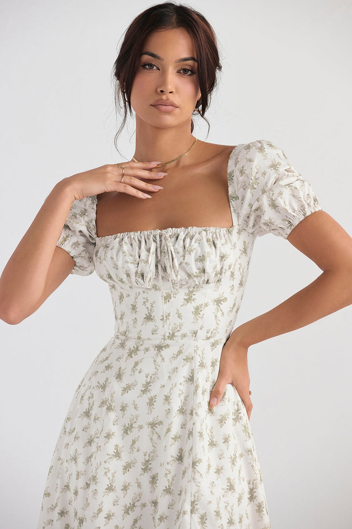 Floral Haven Puff Sleeve Midi Elbise