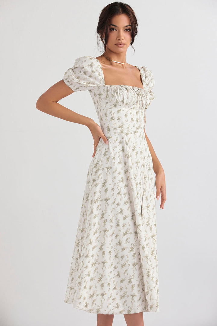 Floral Haven Puff Sleeve Midi Elbise