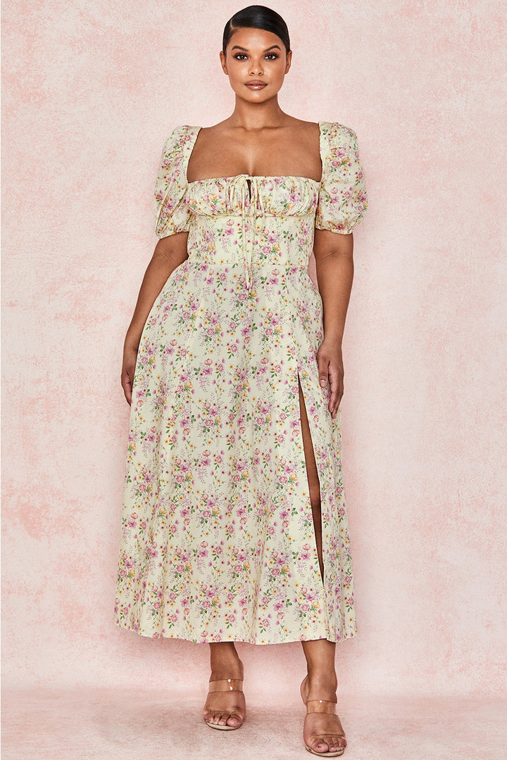 Floral Dream Puff Sleeve Midi Elbise