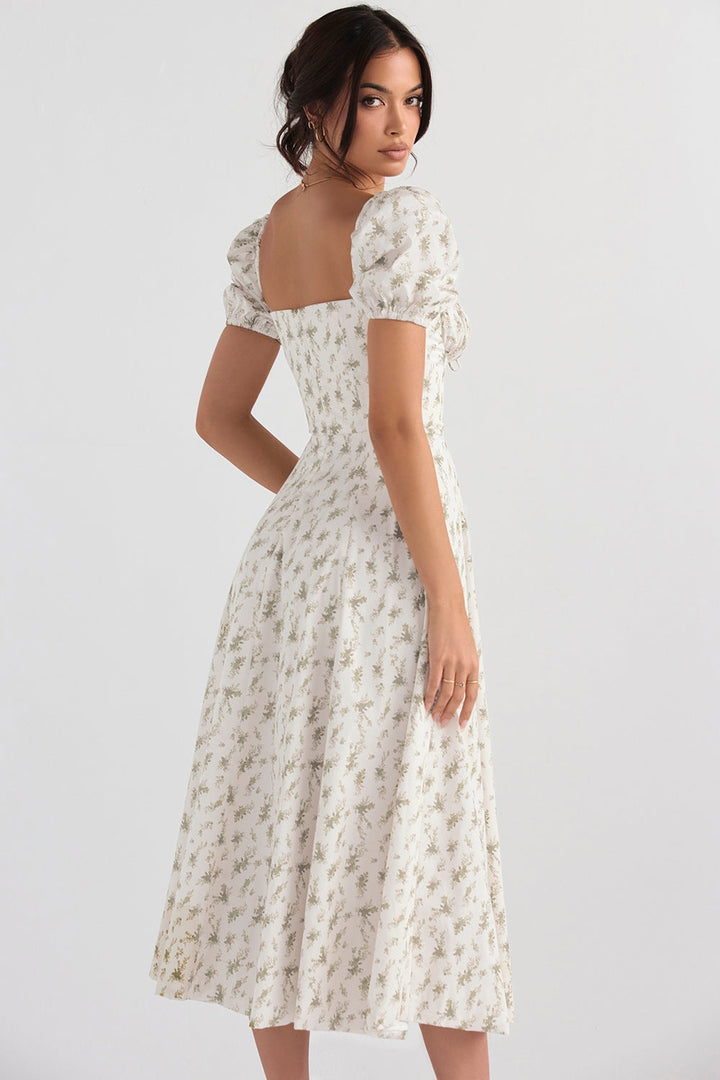 Floral Haven Puff Sleeve Midi Elbise