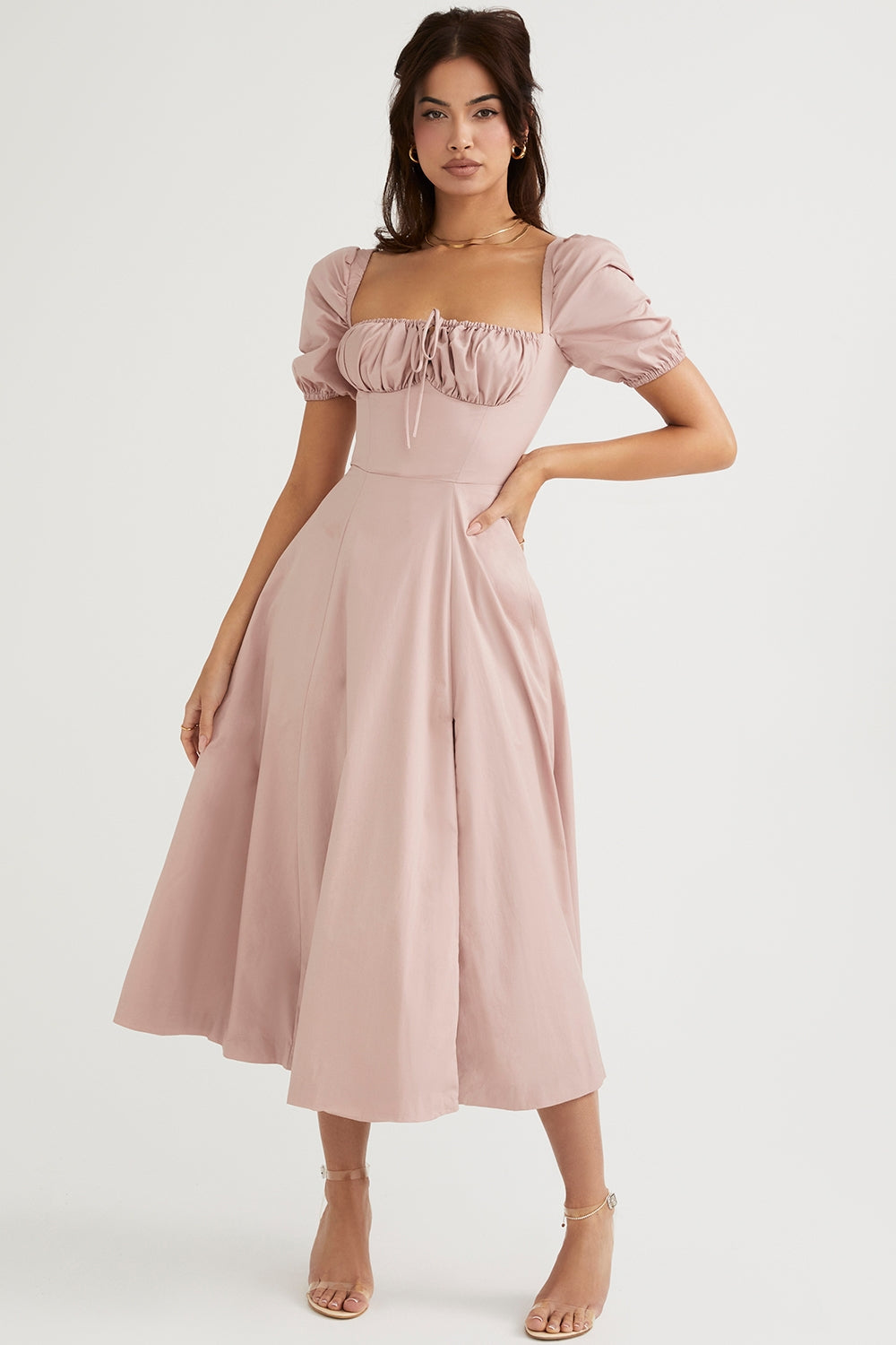 Blush Whisper Puff Sleeve Midi Elbise