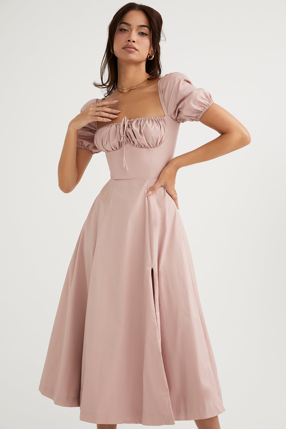 Blush Whisper Puff Sleeve Midi Elbise