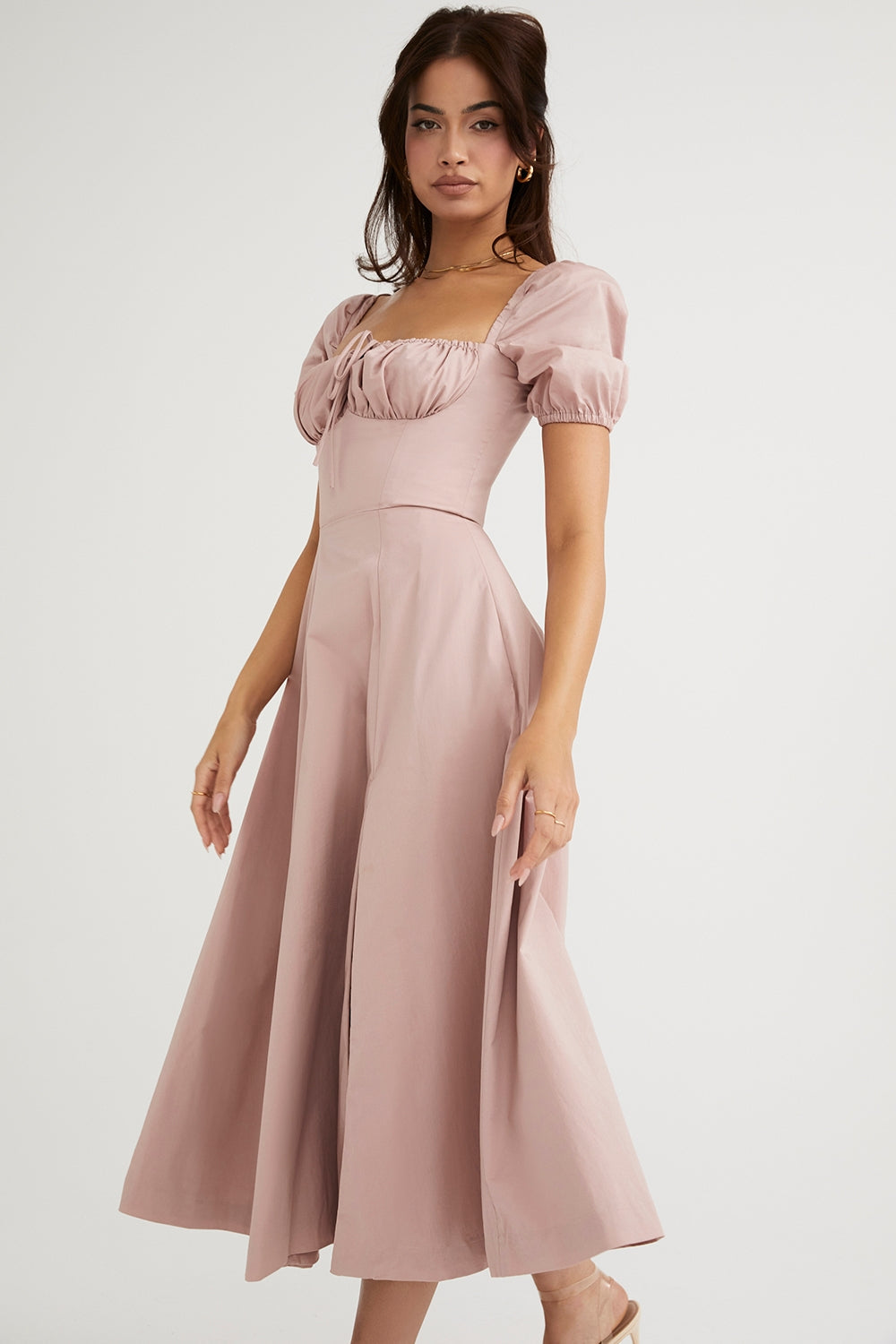 Blush Whisper Puff Sleeve Midi Elbise