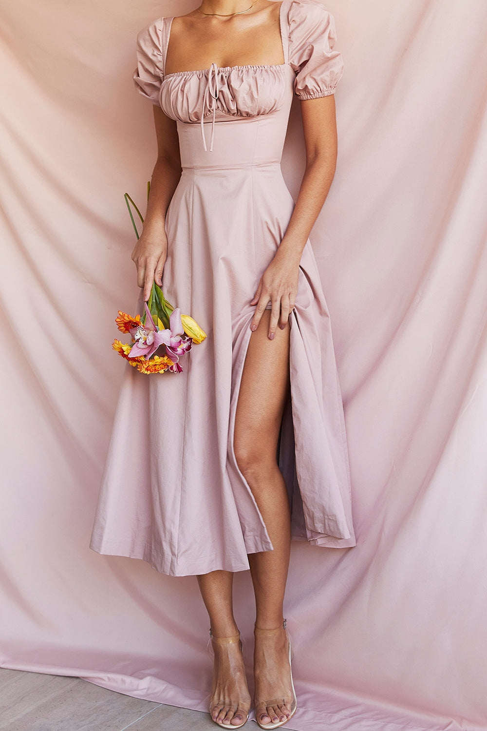 Blush Whisper Puff Sleeve Midi Elbise