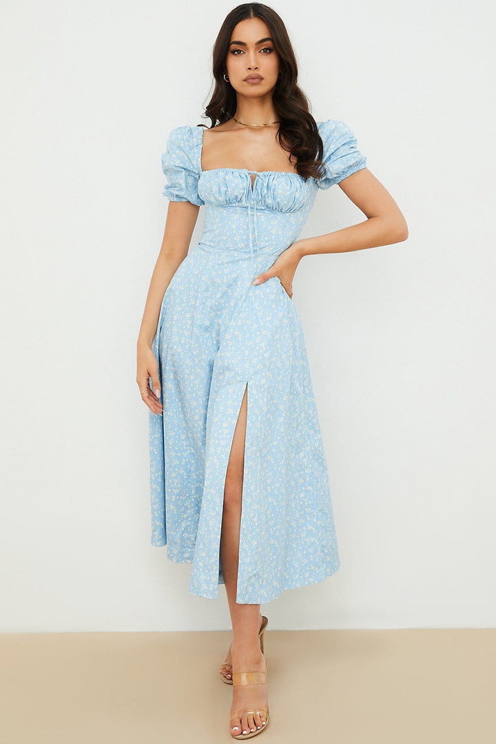 Blue Dusk Puff Sleeve Midi Elbise