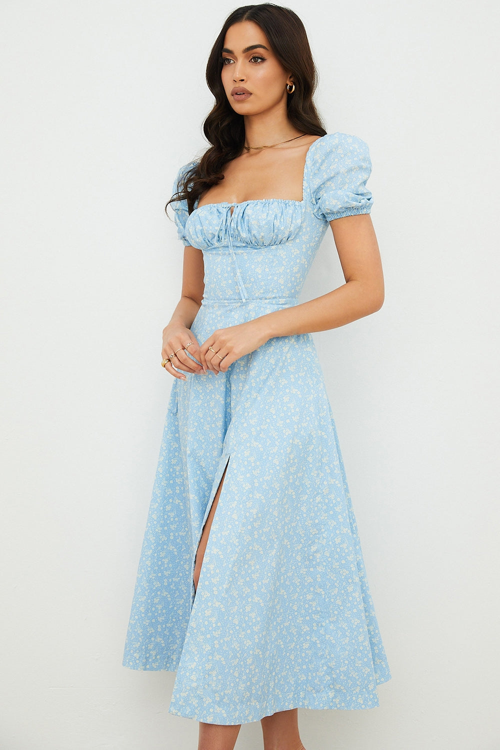 Blue Dusk Puff Sleeve Midi Elbise